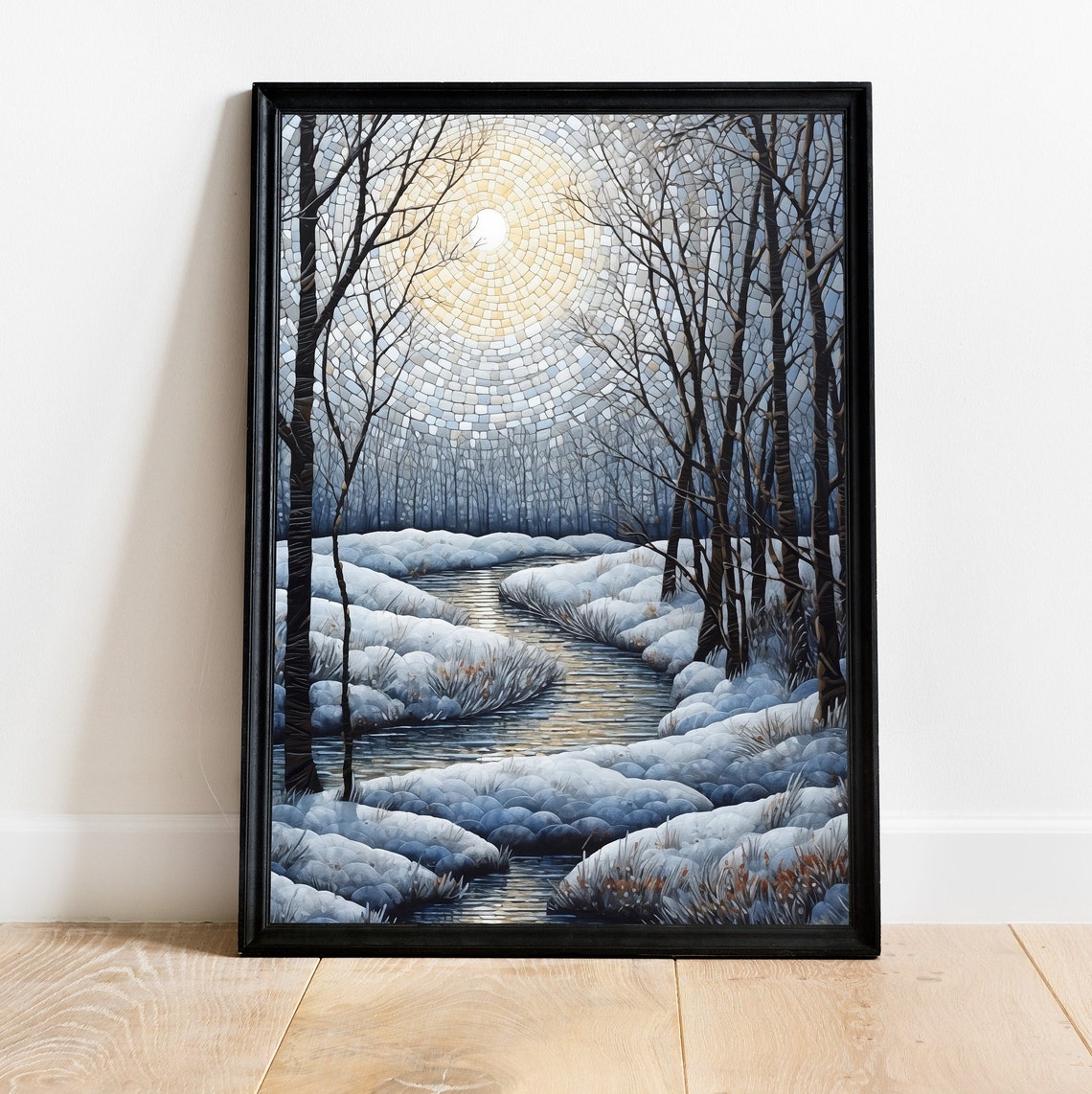 Winter Sun Mosaic Poster Frozen River Snowy Forest Landscape Art - Image 3