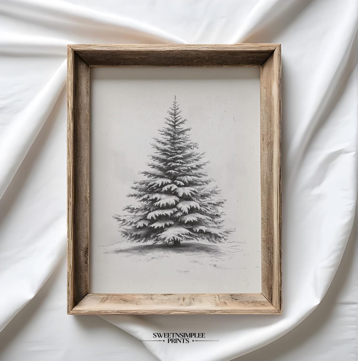 Vintage Snow-Covered Evergreen Tree Pencil Sketch Winter Poster