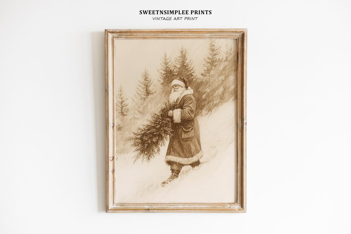 Vintage Santa Carrying Evergreen Tree In Snowy Woods Sepia Poster