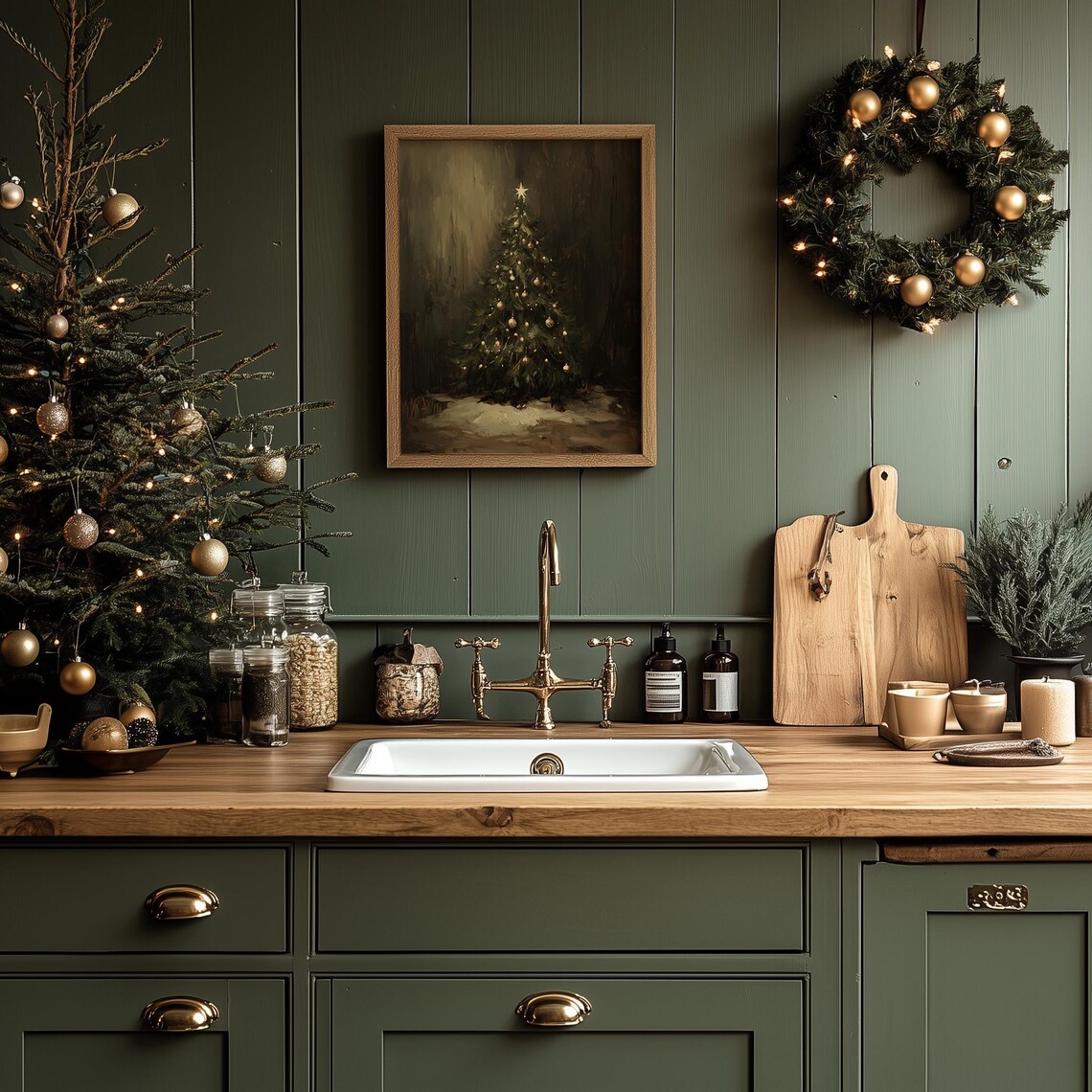 Moody Dark Christmas Tree With Gold Ornaments Oil Painting Poster - Image 3
