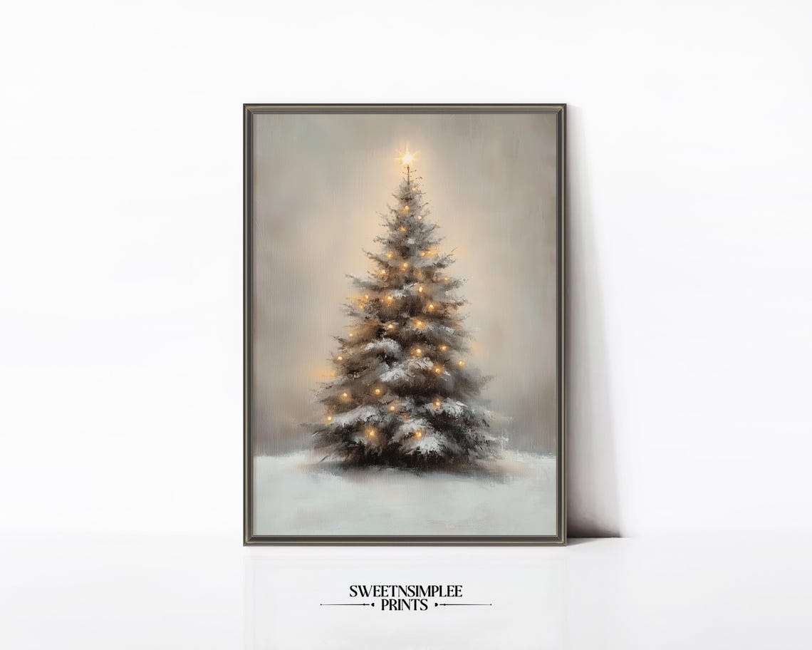 Snowy Christmas Tree With Glowing Lights Neutral Winter Poster - Image 2