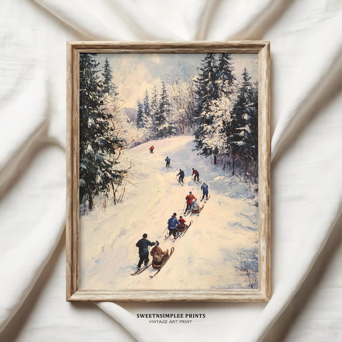 Vintage Nordic Sledding Scene Snowy Forest Slope Retro Winter Wall Art - Image 2