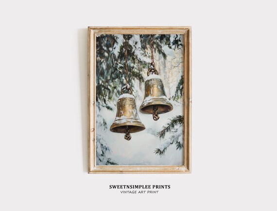Pair of Brass Bells on Chains in Bright Snowy Winter Scene Poster