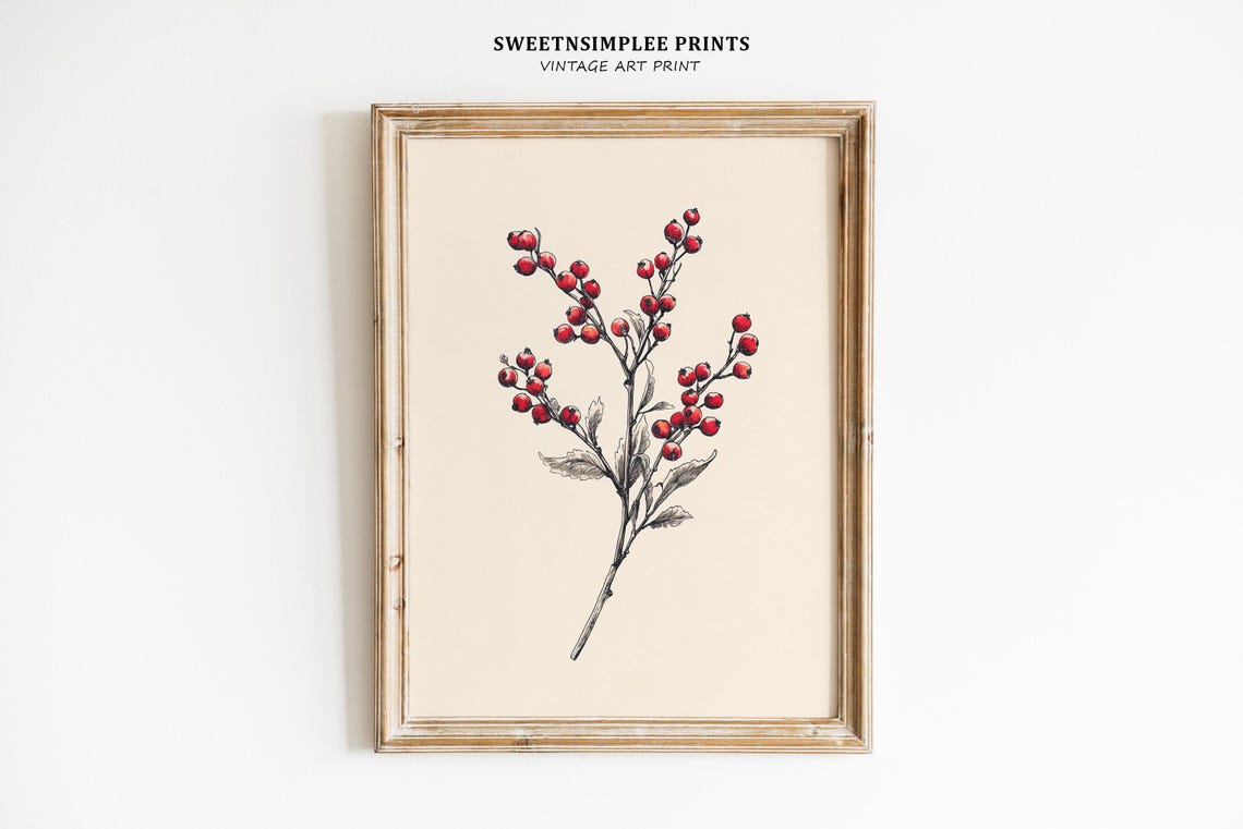 Vintage Red Winterberry Branch Botanical Holiday Christmas Poster