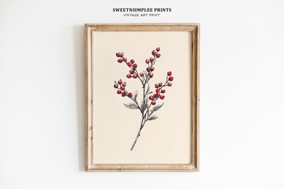 Vintage Red Winterberry Branch Botanical Holiday Christmas Poster