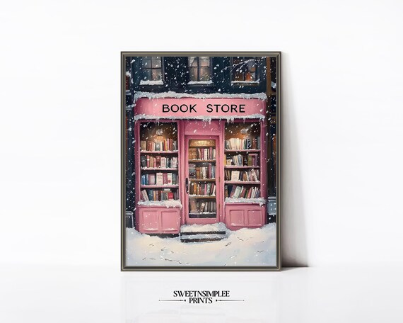 Pink Bookstore in Snow Poster Cozy Winter Bookshop Holiday Decor