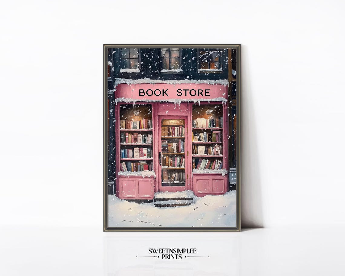 Pink Bookstore in Snow Poster Cozy Winter Bookshop Holiday Decor