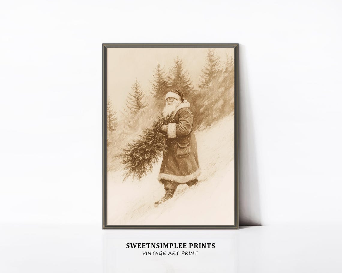 Vintage Santa Carrying Evergreen Tree In Snowy Woods Sepia Poster - Image 2