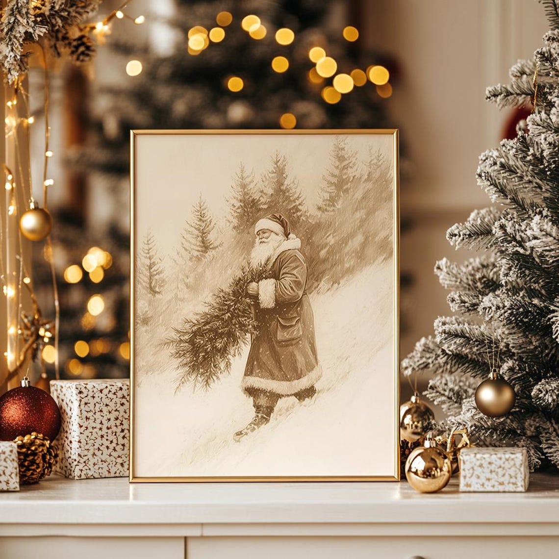 Vintage Santa Carrying Evergreen Tree In Snowy Woods Sepia Poster - Image 3