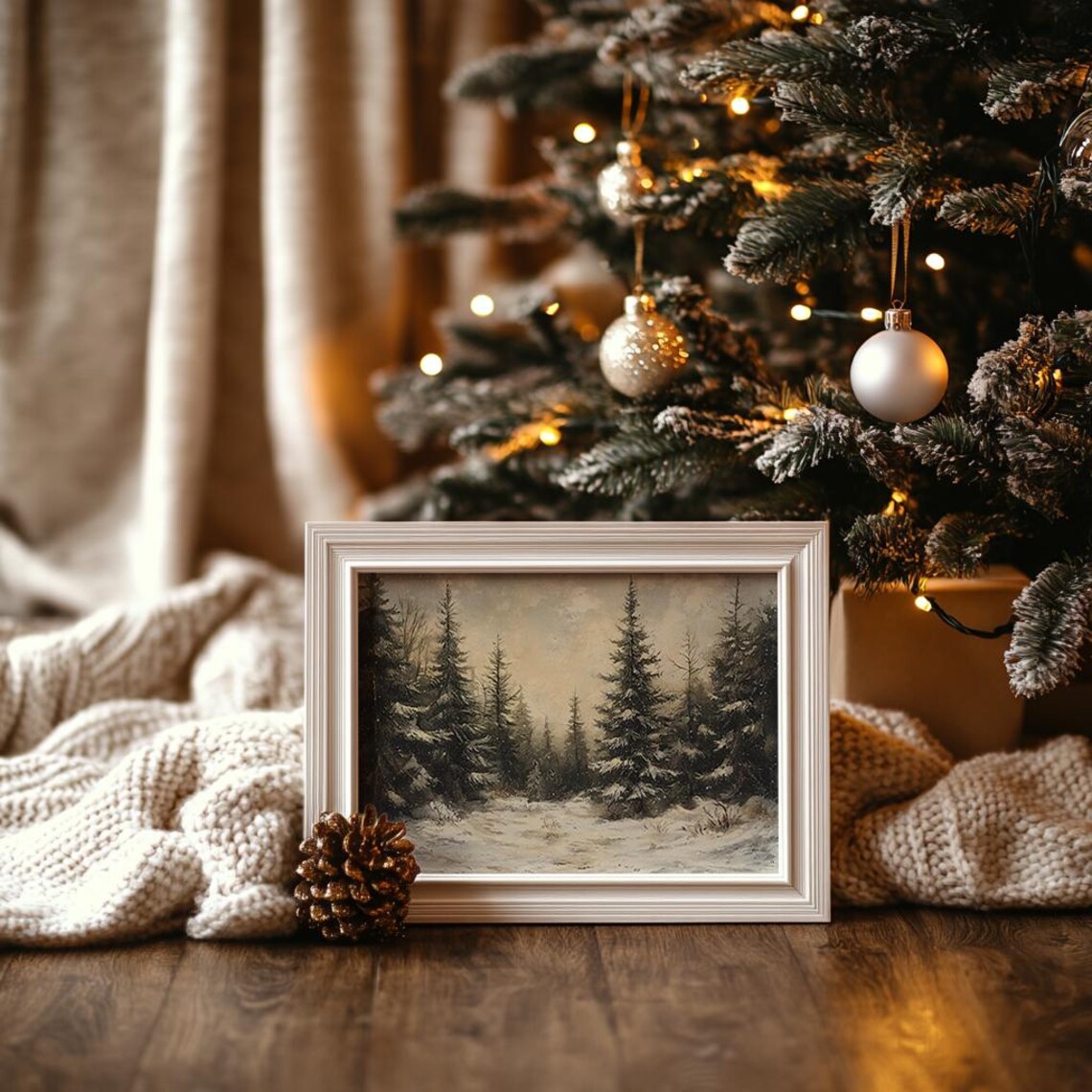 Golden-Toned Snowy Pine Forest Clearing Vintage Winter Poster - Image 3