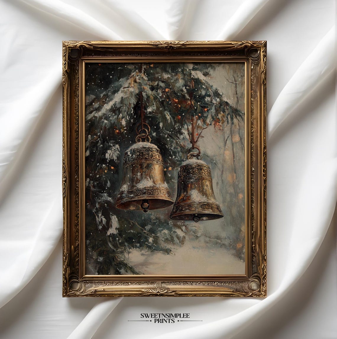 Two Antique Bells Hanging From Snowy Evergreen Branch Poster