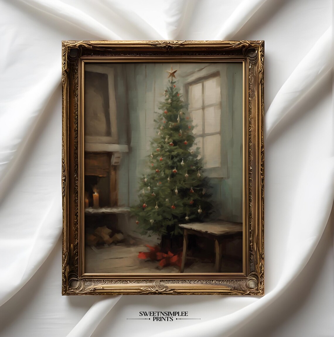 Vintage Christmas Tree Oil Painting Poster Cozy Fireplace Holiday Decor