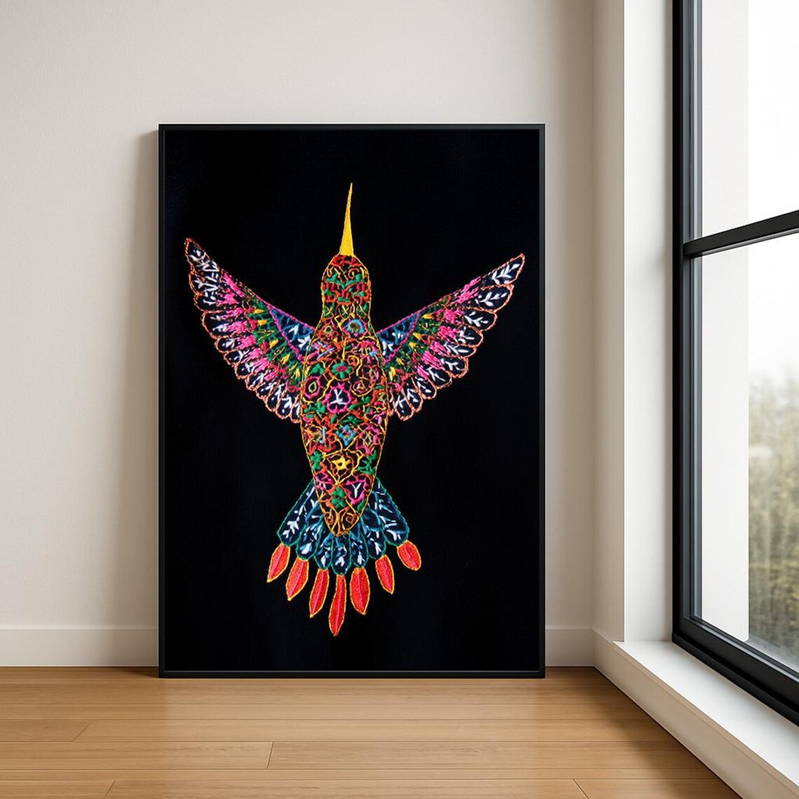 Colorful Embroidered Hummingbird Black Background Folk Art Bird Poster