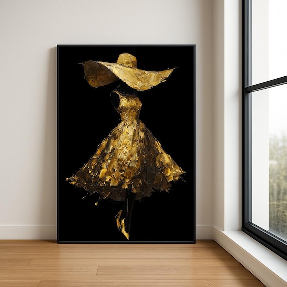 Golden Lady Flying Wide Brim Hat Black Background Impasto Art Poster