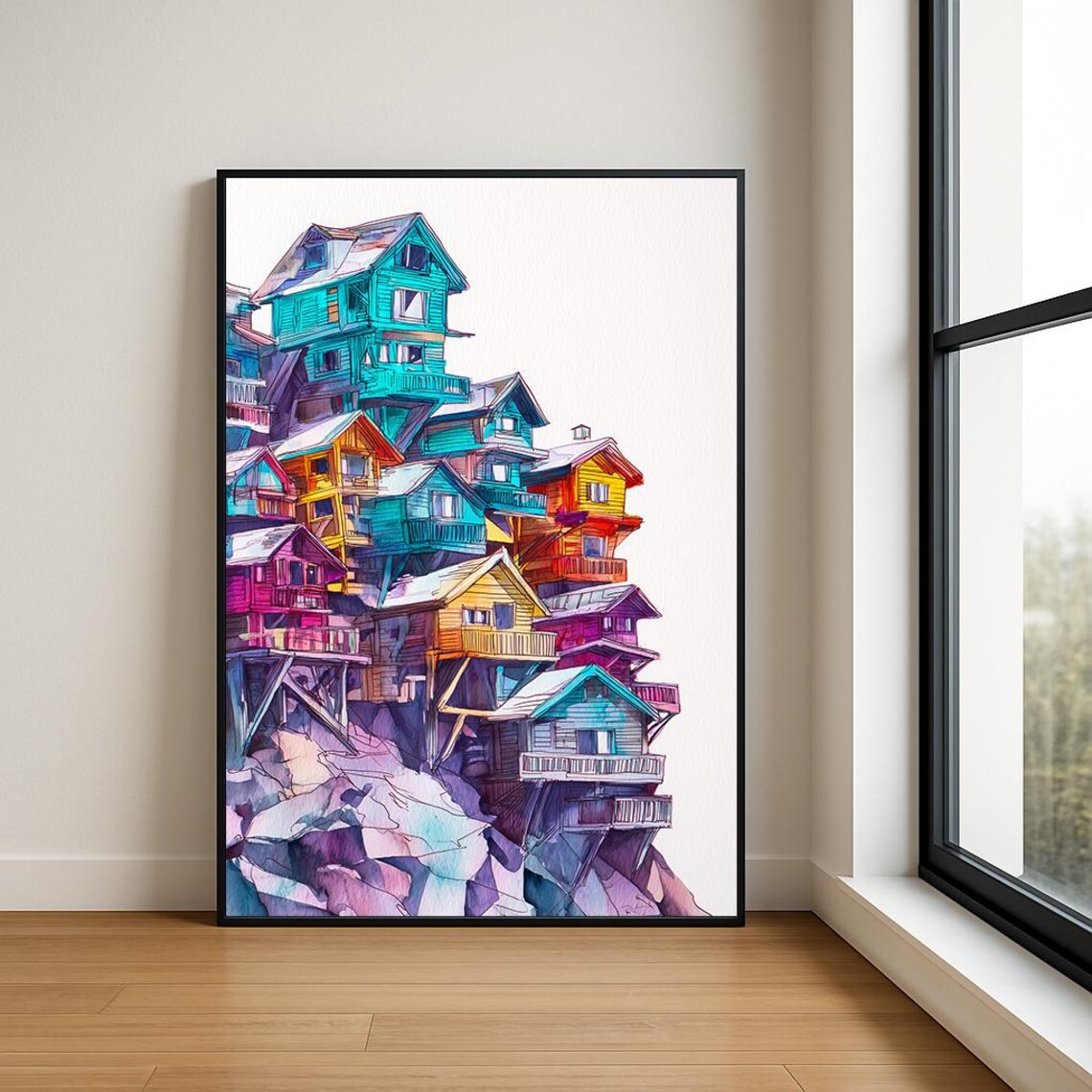 Colorful Houses Cliffside Village Vibrant Watercolor Wall Art