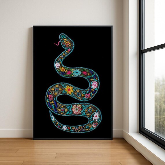 Colourful Embroidered Animal Wall Art Boho Illustration Print Vibrant Textile Style Home Decor