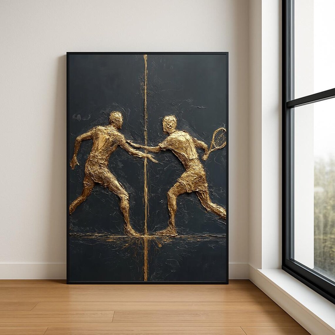 Gold Tennis Doubles Players Black Textured Modern Sports Wall Art