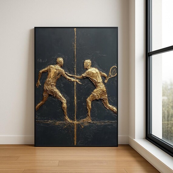 Gold Tennis Doubles Players Black Textured Modern Sports Wall Art
