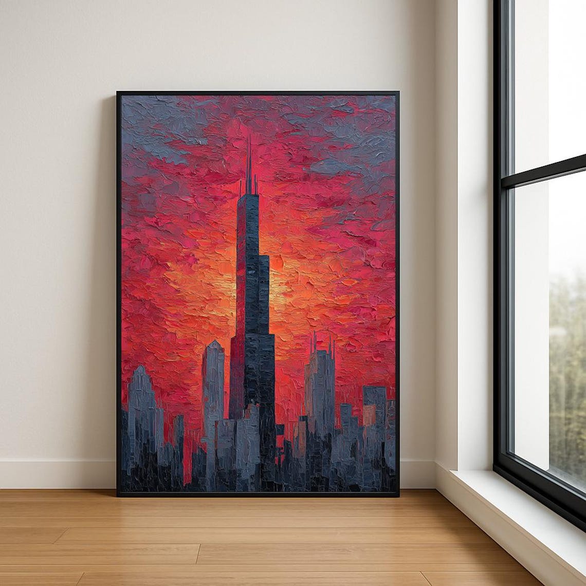 Chicago Willis Tower Red Sunset Skyline Impasto Cityscape Poster