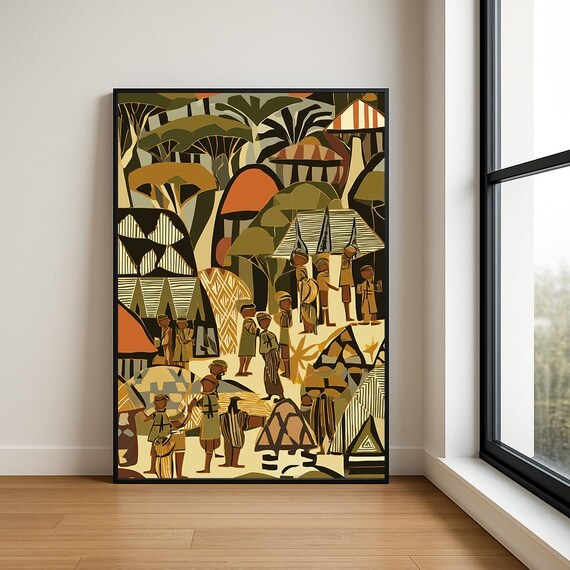 African Village Gathering Geometric Tribal Earth Tone Art Poster