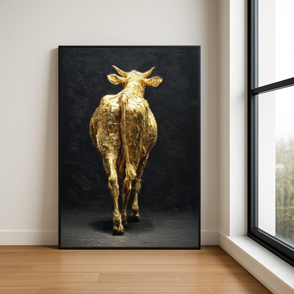 Golden Bull Walking Away Black Background Textured Oil Painting Wall Art