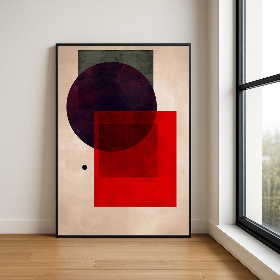 Abstract Geometric Poster with Purple Circle and Red Rectangle Art