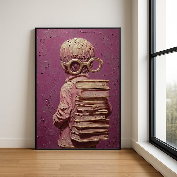 Pink Boy Reader with Stack of Books Round Glasses Art Poster