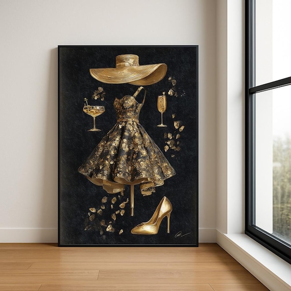 Black Gold Cocktail Dress Fashion Flat Lay Champagne Style Wall Art