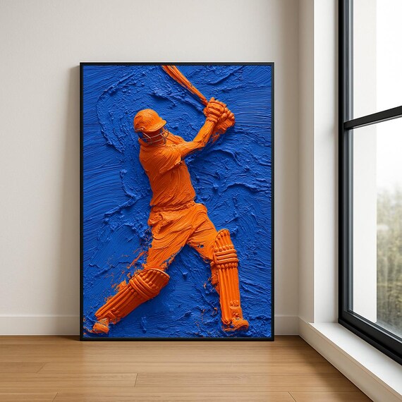 Orange Cricket Batsman Bold Blue Impasto Textured Sports Poster