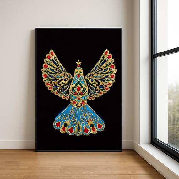 Colourful Embroidered Animal Wall Art Boho Illustration Print Vibrant Textile Style Home Decor