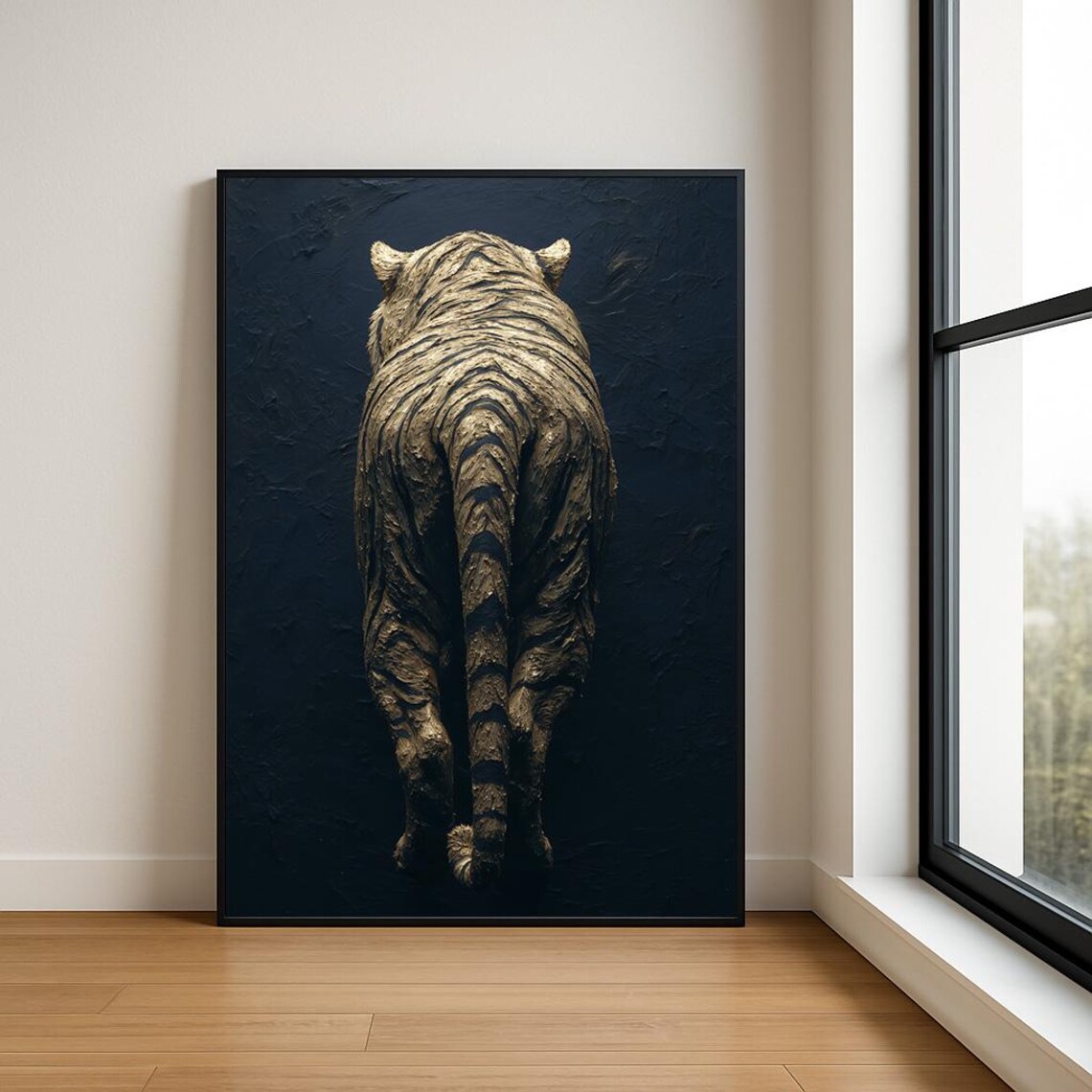 Golden Tiger Walking Away Textured Oil Painting Dark Background Poster