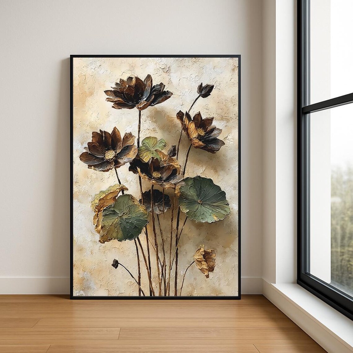 Bronze Lotus Flowers Cream Impasto Oil Painting Neutral Botanical Poster