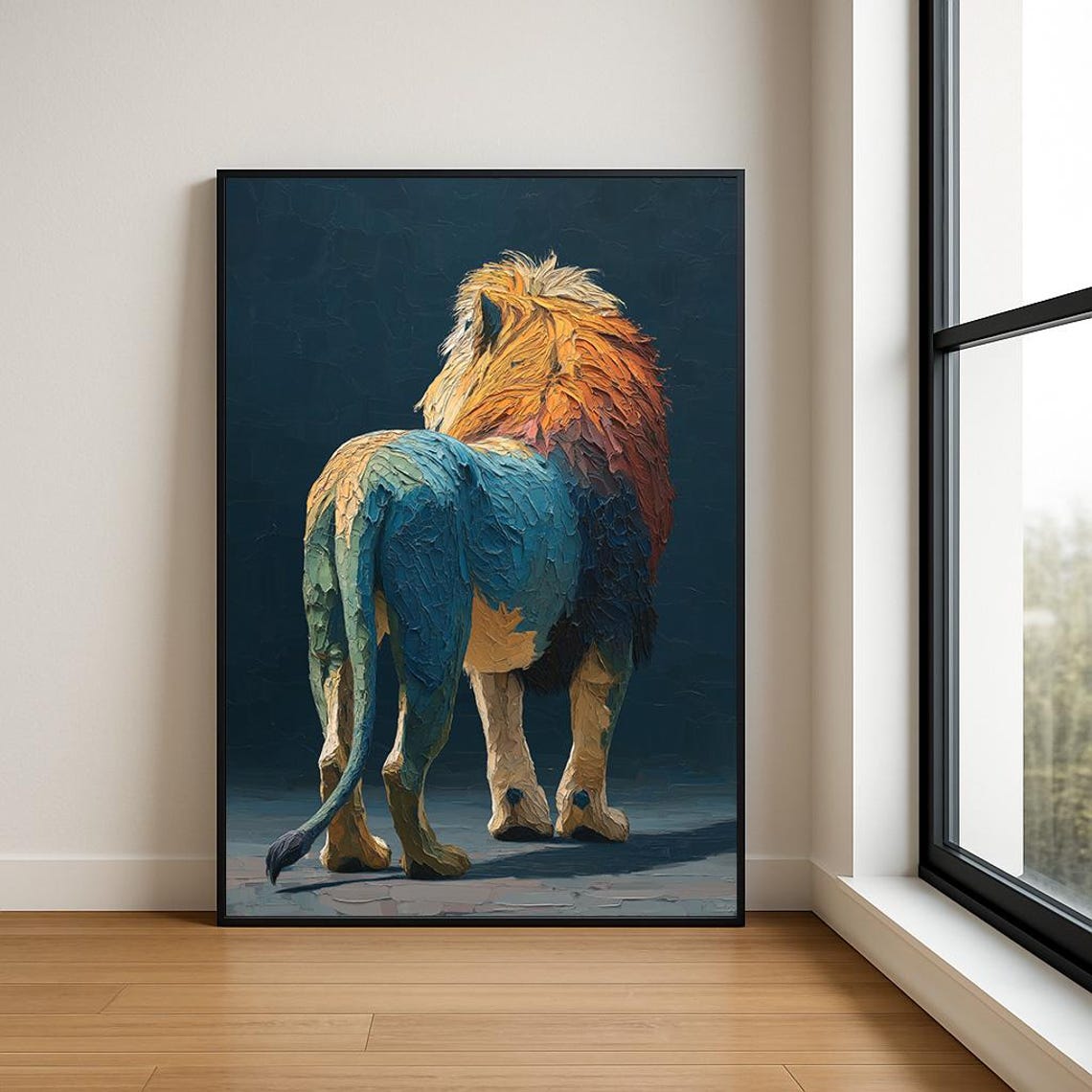 Colorful Lion Rear View Palette Knife Impasto Mane Painting Poster