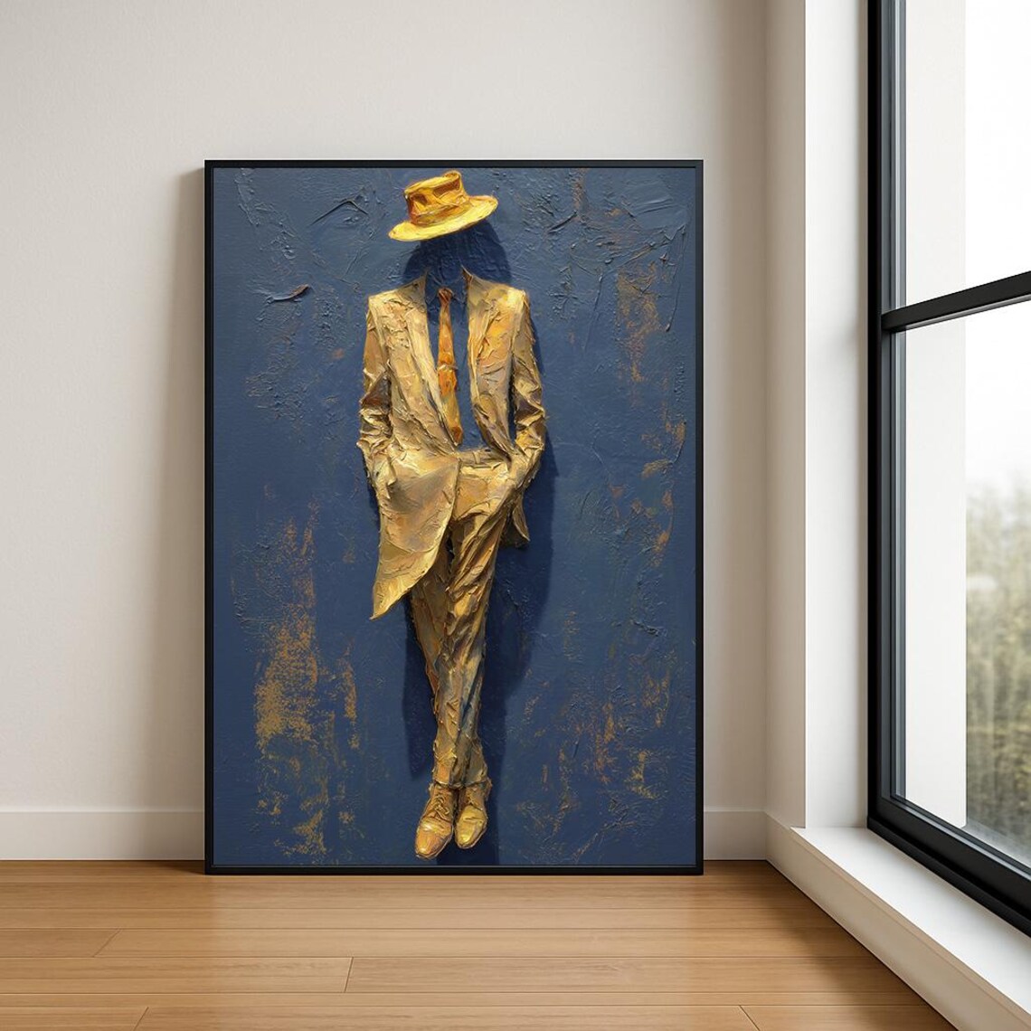 Modern Gentleman Abstract Oil Painting Suit Hat Wall Art Luxury Decor Print