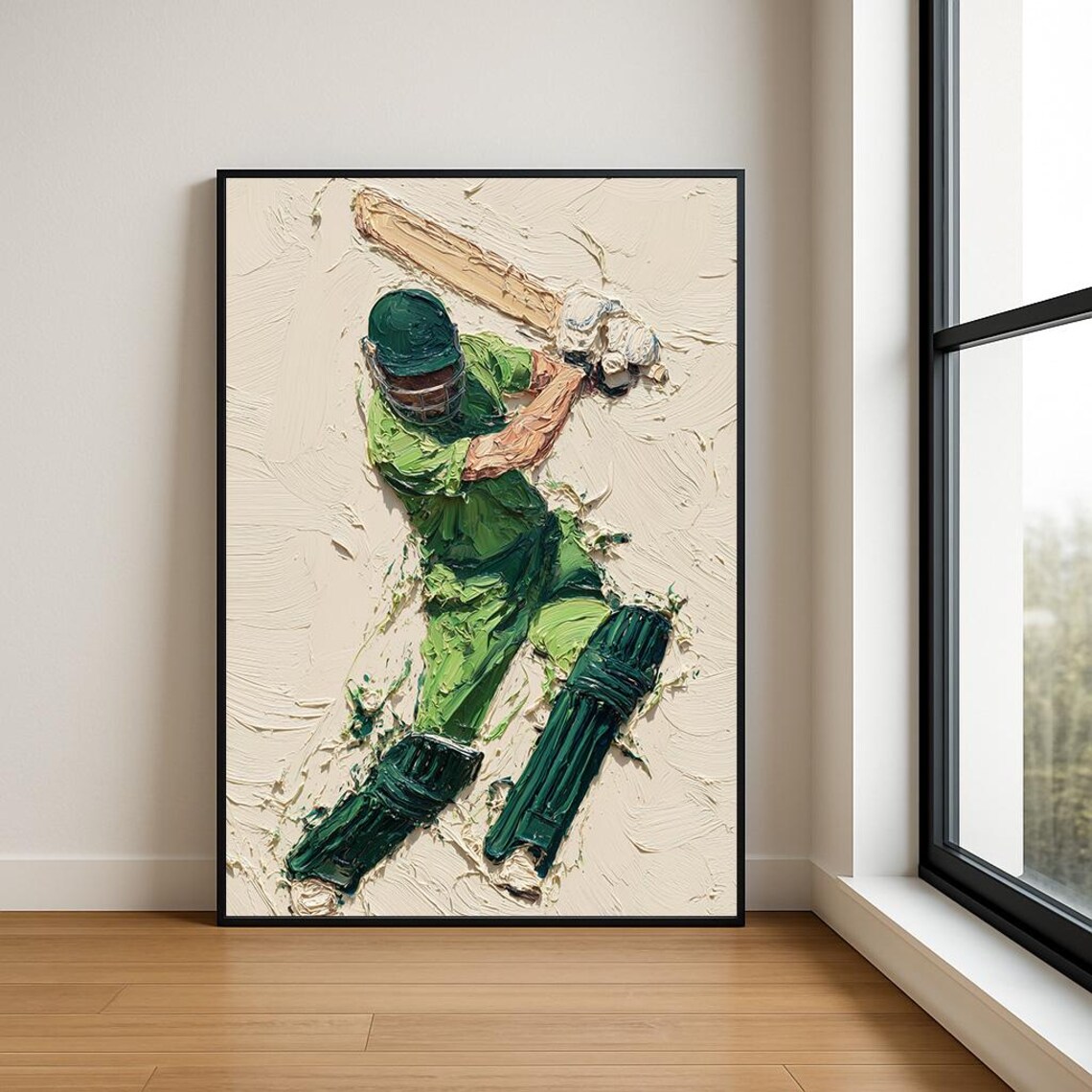 Cricket Batsman Impasto Oil Painting Green Kit Sports Poster
