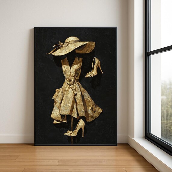 Golden Lady in Dress and Wide Hat Impasto Fashion Art Poster