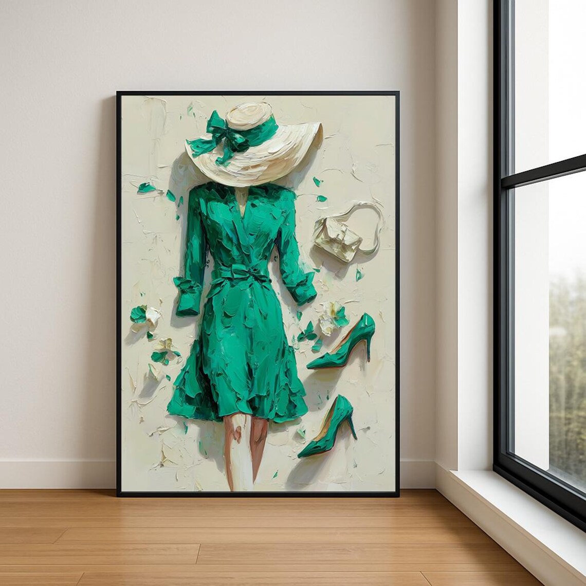 Emerald Green Dress White Sunhat Heels Fashion Oil Paint Wall Art