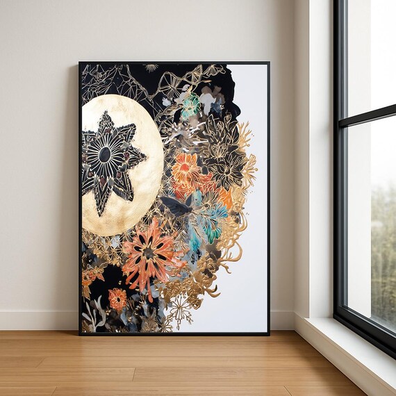 Golden Moon Floral Mandala Botanical Copper Black Night Sky Wall Art