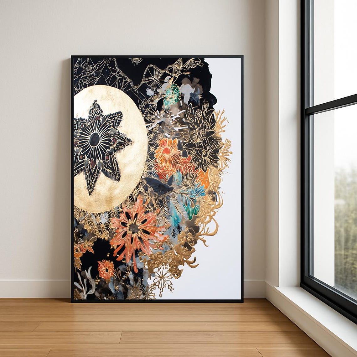Golden Moon Floral Mandala Botanical Copper Black Night Sky Wall Art