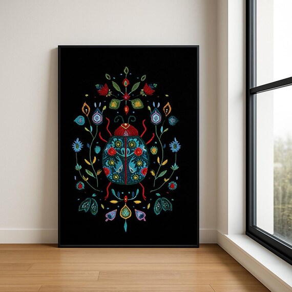 Colourful Embroidered Animal Wall Art Boho Illustration Print Vibrant Textile Style Home Decor