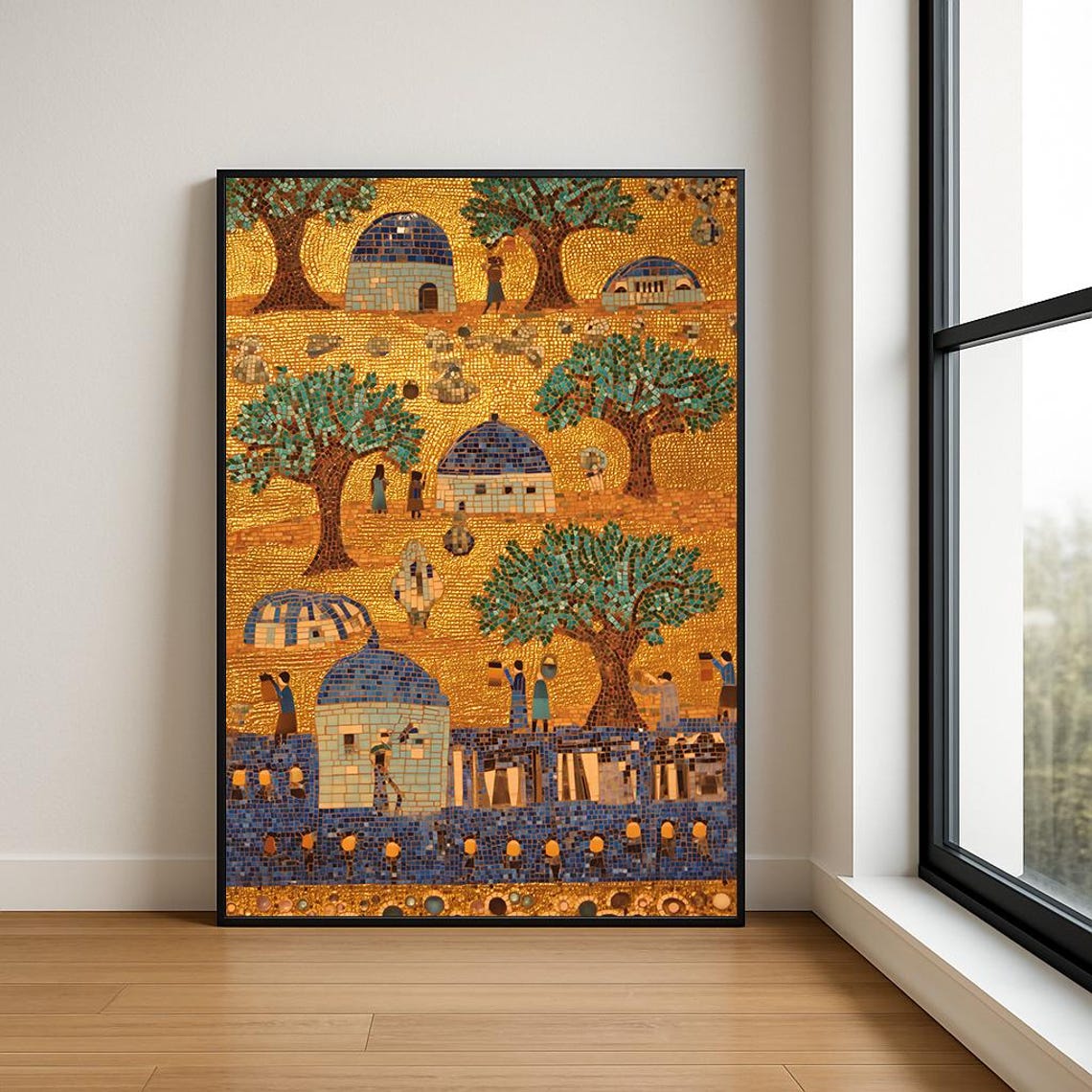 Olive Harvest Golden Mosaic Village Life Tile Art Scene Poster