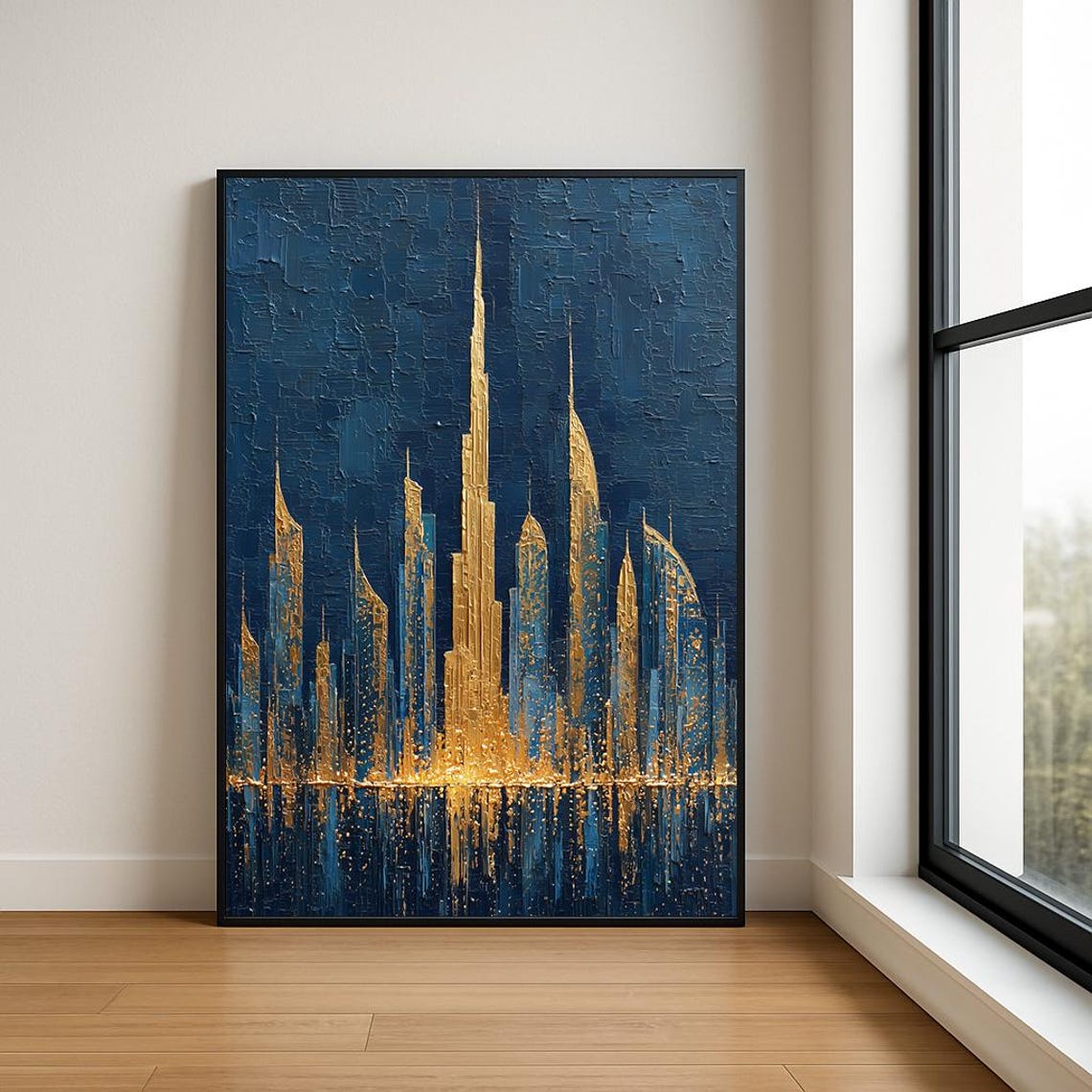 Dubai Burj Khalifa Gold Skyline Midnight Blue Impasto City Poster