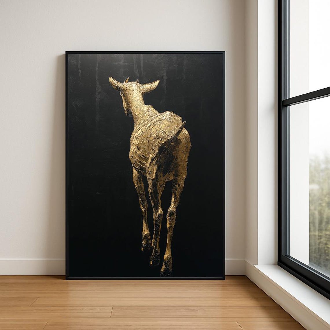 Golden Goat Walking Away Black Background Textured Impasto Wall Art