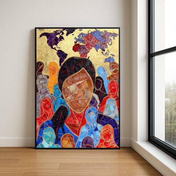 Colorful World Map Diversity Art Print Mosaic People Wall Global Unity Inclusion Home Decor