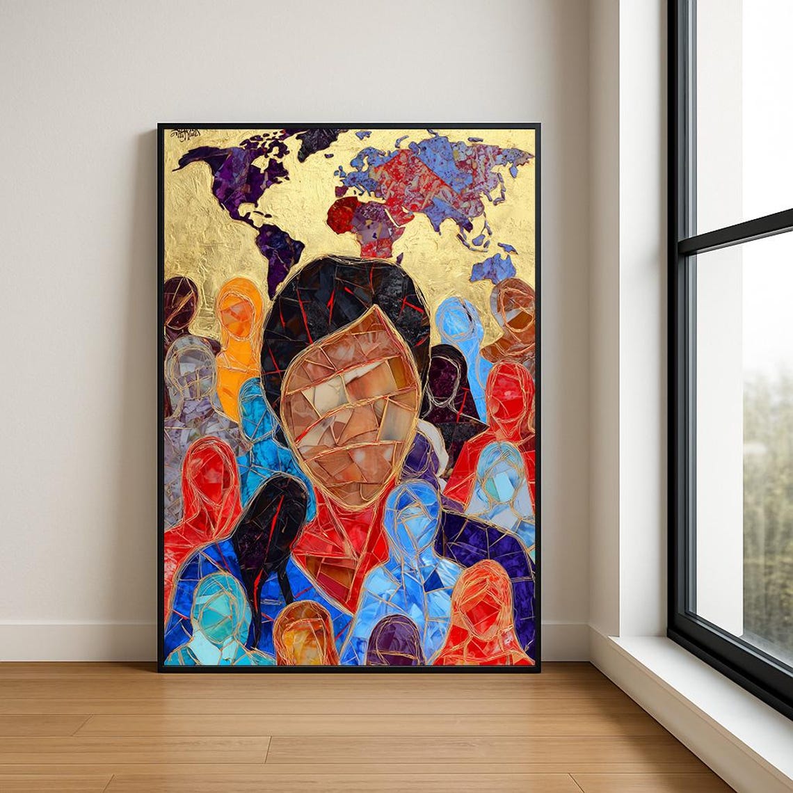 Colorful Mosaic World Map Faces Gold Unity Diversity Wall Art