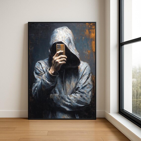 Hoodie Selfie Wall Art Print Modern Textured Oil Painting