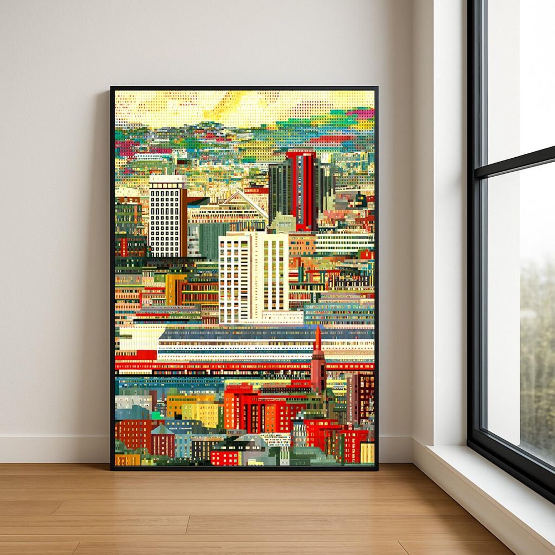 Colorful Downtown City Skyline Pixel Mosaic Modern Urban Art Poster