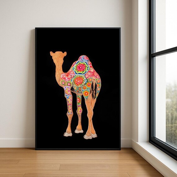 Colourful Embroidered Animal Wall Art Boho Illustration Print Vibrant Textile Style Home Decor