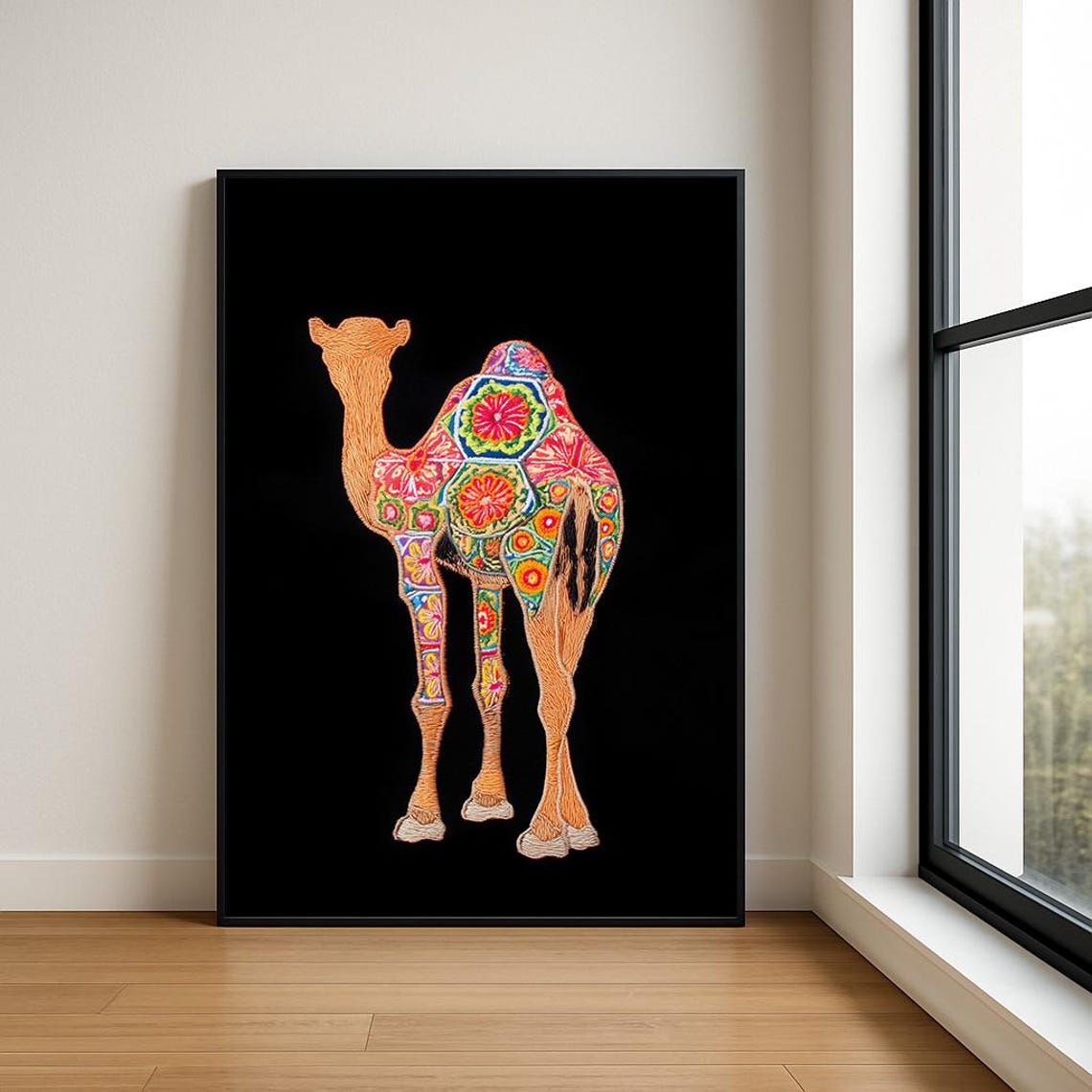 Embroidered Camel Colorful Saddle Blanket Boho Animal Art Poster