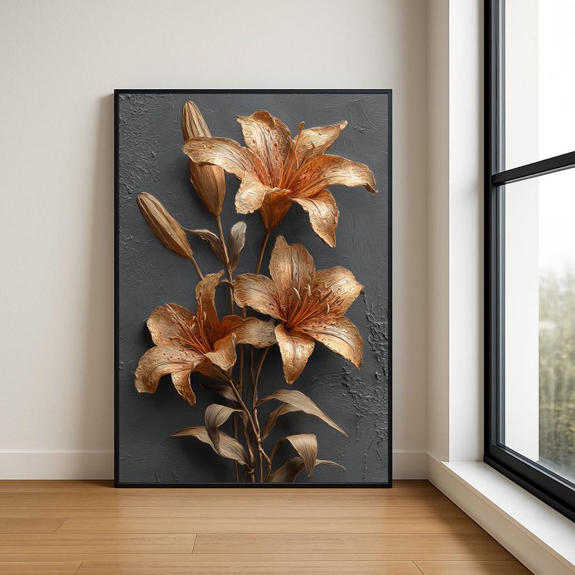 Golden Lily Blooms on Dark Grey Impasto Botanical Floral Poster